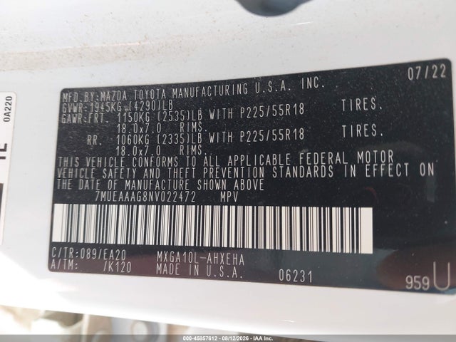 45857612 :رقم المزاد ، 7MUEAAAG8NV022472 vin ، 2022 Toyota Corolla Cross Xle مزاد بيع