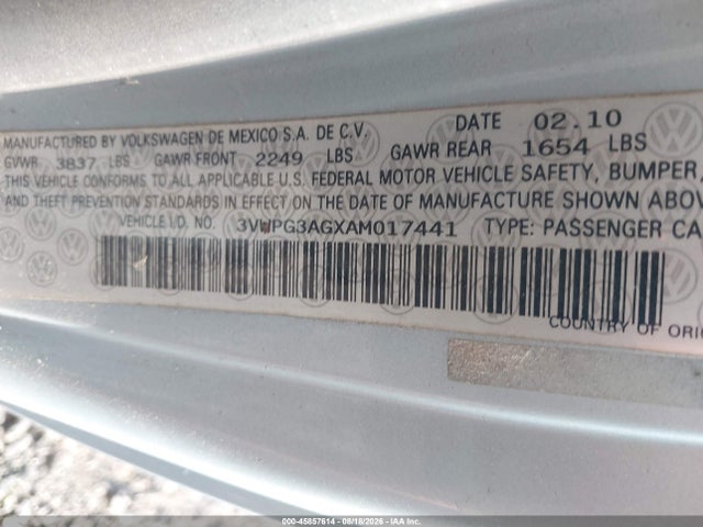 45857614 :رقم المزاد ، 3VWPG3AGXAM017441 vin ، 2010 Volkswagen New Beetle 2.5l مزاد بيع