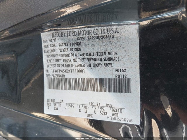 2000 Ford Mustang Gt მანქანა იყიდება აუქციონზე, vin: 1FAFP45X2YF110081, აუქციონის ნომერი: 45857621