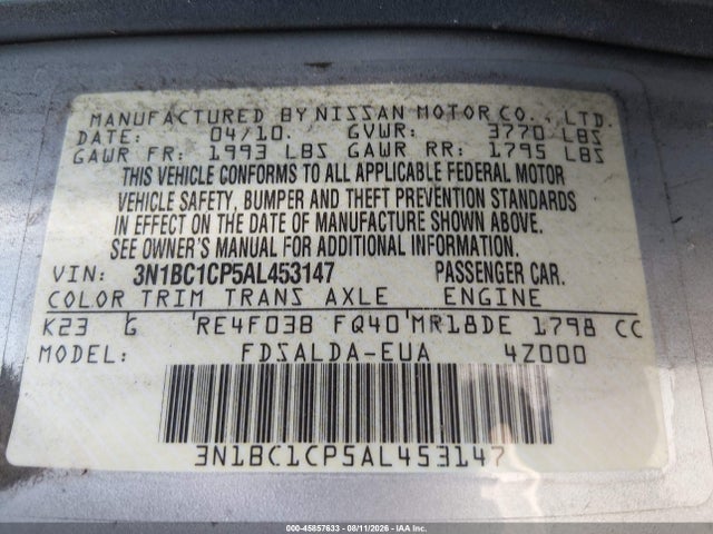 2010 Nissan Versa 1.8s მანქანა იყიდება აუქციონზე, vin: 3N1BC1CP5AL453147, აუქციონის ნომერი: 45857633