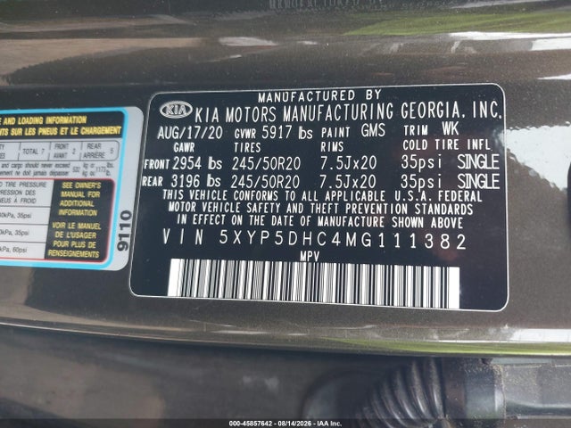 2021 Kia Telluride Sx მანქანა იყიდება აუქციონზე, vin: 5XYP5DHC4MG111382, აუქციონის ნომერი: 45857642