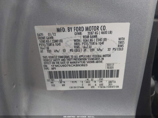 45857652 :رقم المزاد ، 1FMCU9D76CKB93823 vin ، 2012 Ford Escape Xlt مزاد بيع