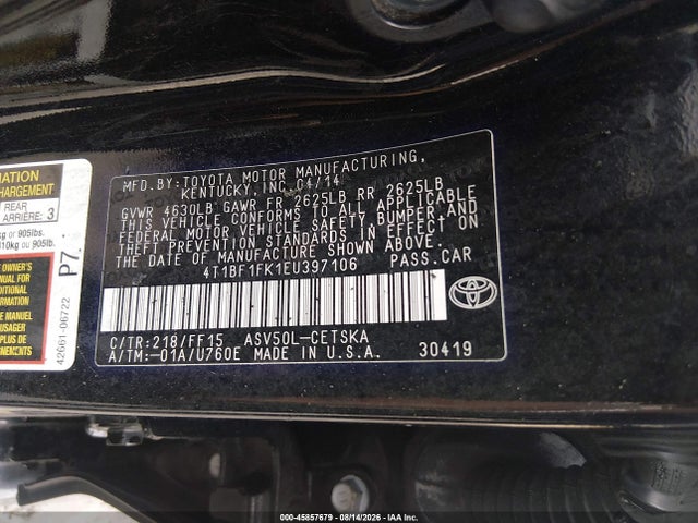 Toyota CAMRY SE 2014 4T1BF1FK1EU397106 Image 9