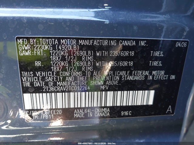 45857683 :رقم المزاد ، 2T36CRAV2TC012264 vin ، 2026 Toyota Rav4 Xle Premium مزاد بيع