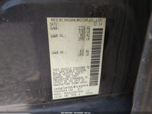 Auction sale of the 2014 Nissan Sentra Fe+ S/fe+ Sv/s/sl/sr/sv, vin: 1N4AB7AP3EN854094, lot number: 45857685