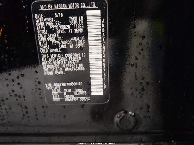 45857700 :رقم المزاد ، JN8AY2NC4H9500170 vin ، 2017 Nissan Armada Platinum/sl/sv مزاد بيع
