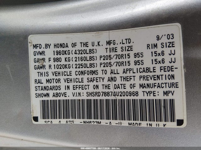 Продаж на аукціоні авто 2004 Honda Cr-v Ex, vin: SHSRD78874U200968, номер лоту: 45857709