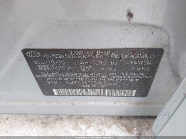 2011 Hyundai Sonata Limited მანქანა იყიდება აუქციონზე, vin: 5NPEC4AC0BH076661, აუქციონის ნომერი: 45857713