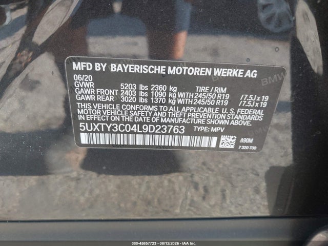 45857723 :رقم المزاد ، 5UXTY3C04L9D23763 vin ، 2020 Bmw X3 Sdrive30i مزاد بيع