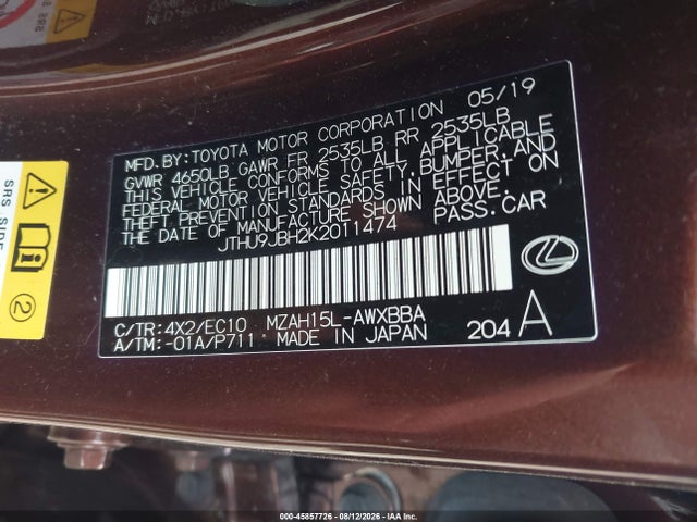 Продажа на аукционе авто 2019 Lexus Ux 250h, vin: JTHU9JBH2K2011474, номер лота: 45857726