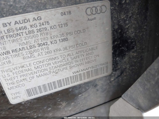 Aukcja sprzedaży 2018 Audi Q5 2.0t Premium/2.0t Tech Premium, vin: WA1ANAFY8J2178439, numer aukcji: 45857744