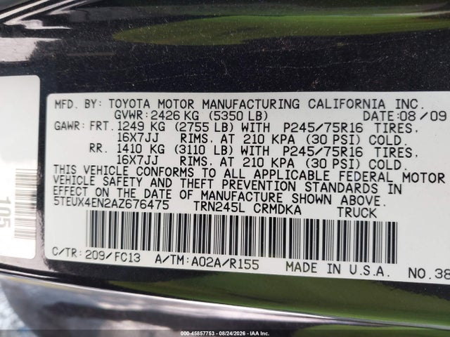 2010 Toyota Tacoma მანქანა იყიდება აუქციონზე, vin: 5TEUX4EN2AZ676475, აუქციონის ნომერი: 45857753