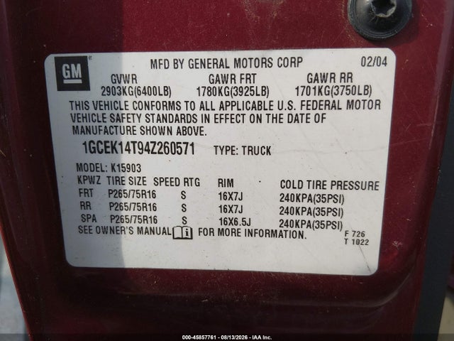 Продажа на аукционе авто 2004 Chevrolet Silverado 1500 Z71, vin: 1GCEK14T94Z260571, номер лота: 45857761