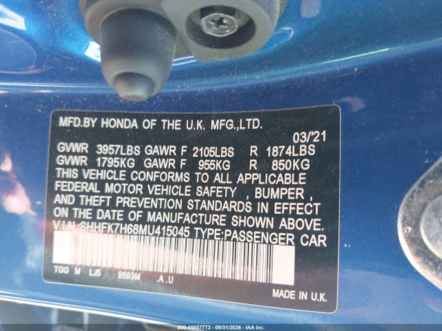 45857773 :رقم المزاد ، SHHFK7H68MU415045 vin ، 2021 Honda Civic Ex مزاد بيع