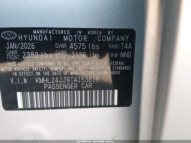 Aukcja sprzedaży 2026 Hyundai Sonata Hybrid Blue, vin: KMHL24JJ9TA153816, numer aukcji: 45857781