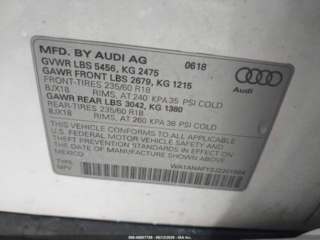 Aukcja sprzedaży 2018 Audi Q5 2.0t Premium/2.0t Tech Premium, vin: WA1ANAFY2J2201584, numer aukcji: 45857789
