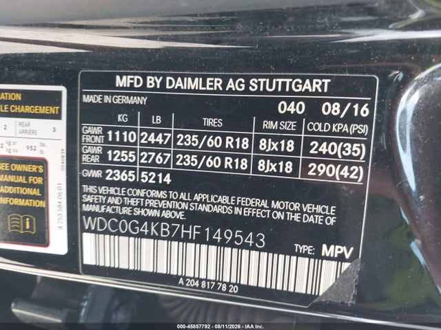 2017 Mercedes-benz Glc 300 4matic მანქანა იყიდება აუქციონზე, vin: WDC0G4KB7HF149543, აუქციონის ნომერი: 45857792