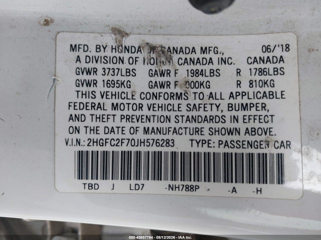 Honda CIVIC EX 2018 2HGFC2F70JH576283 Image 9