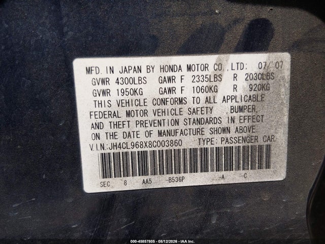 45857805 :رقم المزاد ، JH4CL968X8C003860 vin ، 2008 Acura Tsx مزاد بيع