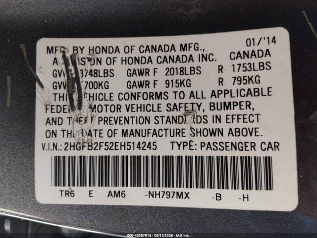45857814 :رقم المزاد ، 2HGFB2F52EH514245 vin ، 2014 Honda Civic Lx مزاد بيع
