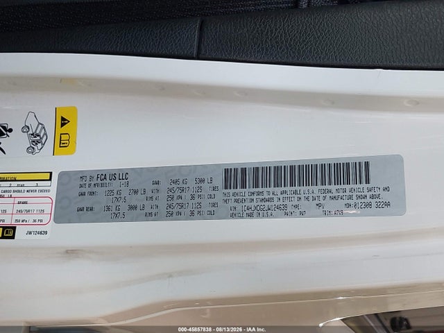 45857838 :رقم المزاد ، 1C4HJXDG2JW124639 vin ، 2018 Jeep Wrangler Unlimited Sport S 4x4 مزاد بيع