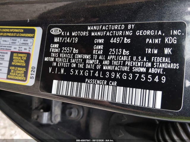 2019 Kia Optima Lx მანქანა იყიდება აუქციონზე, vin: 5XXGT4L39KG375549, აუქციონის ნომერი: 45857841