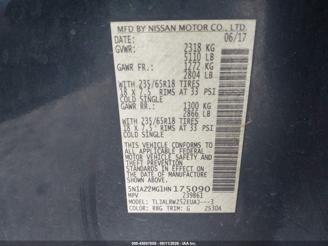Aukcja sprzedaży 2017 Nissan Murano Sl, vin: 5N1AZ2MG1HN175090, numer aukcji: 45857855