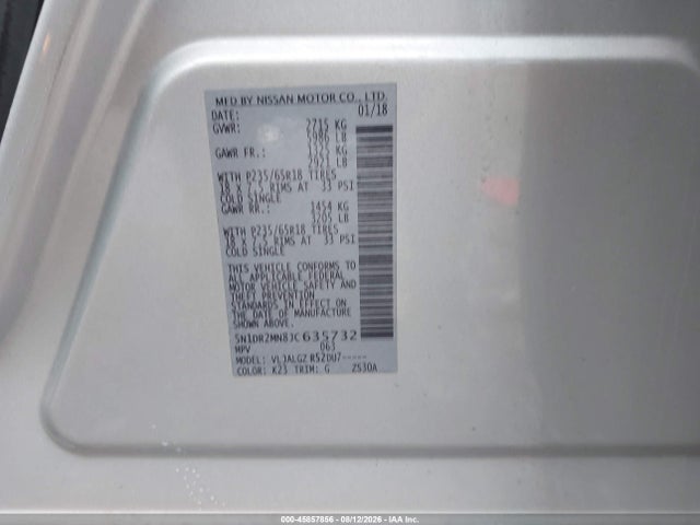 45857856 :رقم المزاد ، 5N1DR2MN8JC635732 vin ، 2018 Nissan Pathfinder Sl مزاد بيع