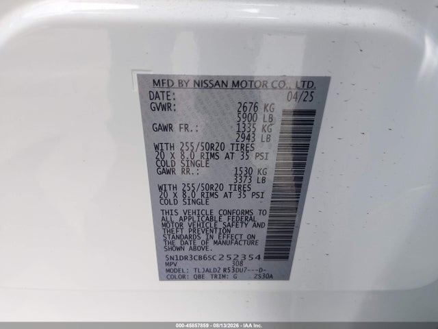 2025 Nissan Pathfinder Sl Fwd მანქანა იყიდება აუქციონზე, vin: 5N1DR3CB6SC252354, აუქციონის ნომერი: 45857859