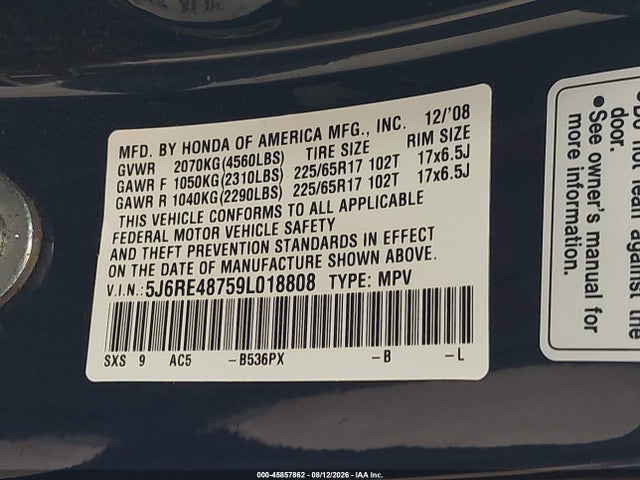 Продажа на аукционе авто 2009 Honda Cr-v Ex-l, vin: 5J6RE48759L018808, номер лота: 45857862