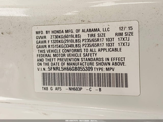 5FNRL5H66GB055309 Honda Odyssey Ex-l