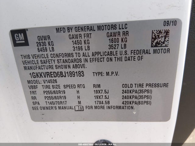 45857884 :رقم المزاد ، 1GKKVRED6BJ189183 vin ، 2011 Gmc Acadia Slt-1 مزاد بيع