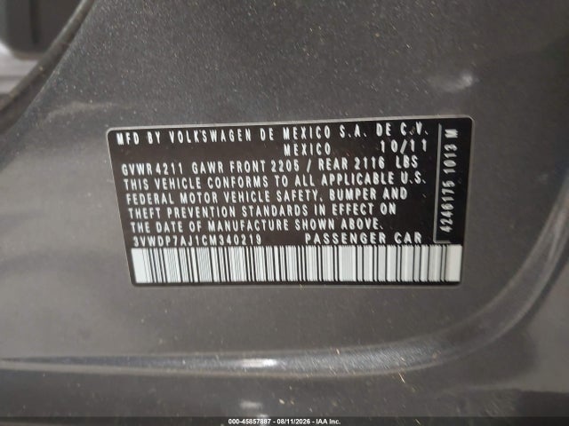 Aukcja sprzedaży 2012 Volkswagen Jetta 2.5l Se, vin: 3VWDP7AJ1CM340219, numer aukcji: 45857887