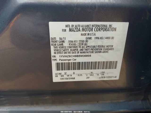 45857893 :رقم المزاد ، 1YVHZ8CH9B5M30005 vin ، 2011 Mazda Mazda6 I Touring Plus مزاد بيع