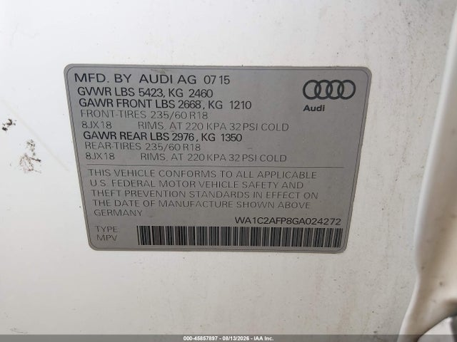 Aukcja sprzedaży 2016 Audi Q5 2.0t Premium, vin: WA1C2AFP8GA024272, numer aukcji: 45857897