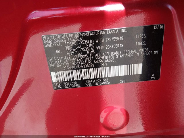 45857922 :رقم المزاد ، 2T3NFREV6HW338099 vin ، 2017 Toyota Rav4 Se مزاد بيع