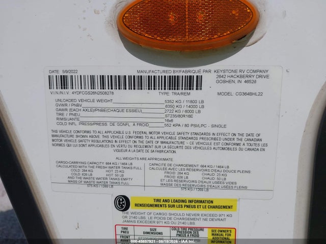 2022 Keystone Rv Other მანქანა იყიდება აუქციონზე, vin: 4YDFCGS26N2508278, აუქციონის ნომერი: 45857921