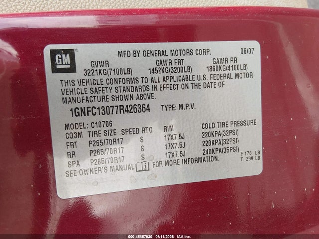 2007 Chevrolet Tahoe Ls მანქანა იყიდება აუქციონზე, vin: 1GNFC13077R426364, აუქციონის ნომერი: 45857930