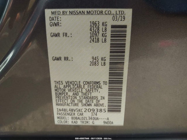 Nissan Altima 2.5 S 2019 1N4BL4BV5KC209385 Image 9