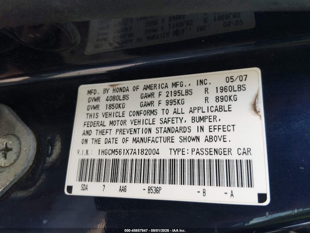 Продаж на аукціоні авто 2007 Honda Accord 2.4 Vp, vin: 1HGCM561X7A182004, номер лоту: 45857947