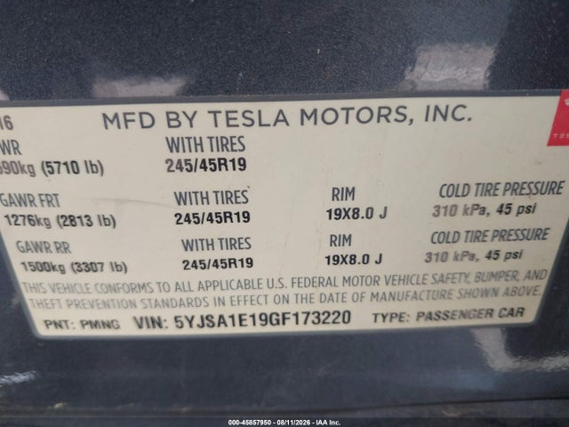 Tesla Model S 60/70/75/85 2016 5YJSA1E19GF173220 Image 9