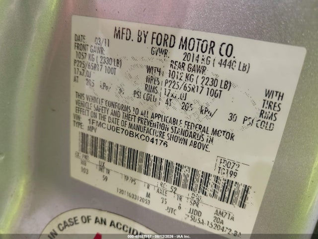 45857957 :رقم المزاد ، 1FMCU0E70BKC04176 vin ، 2011 Ford Escape Limited مزاد بيع