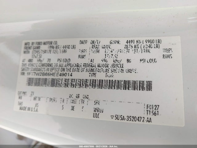 Продаж на аукціоні авто 2017 Ford F250 Super Duty, vin: 1FT7W2B66HEE49014, номер лоту: 45857956