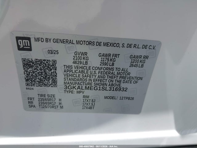 45857962 :رقم المزاد ، 3GKALMEG1SL316932 vin ، 2025 Gmc Terrain Fwd Elevation مزاد بيع