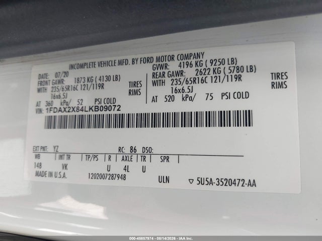 Ford Transit-350 Passenger Van Xl 2020 1FDAX2X84LKB09072 Image 9