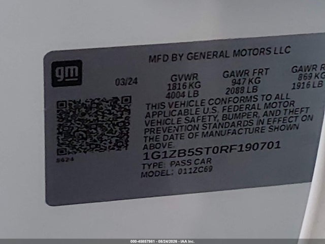 Продажа на аукционе авто 2024 Chevrolet Malibu Fwd Ls, vin: 1G1ZB5ST0RF190701, номер лота: 45857981