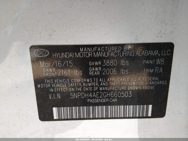 2016 Hyundai Elantra Se მანქანა იყიდება აუქციონზე, vin: 5NPDH4AE2GH660503, აუქციონის ნომერი: 45858005