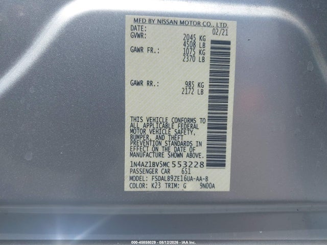 Aukcja sprzedaży 2021 Nissan Leaf S 40 Kwh, vin: 1N4AZ1BV5MC553228, numer aukcji: 45858029