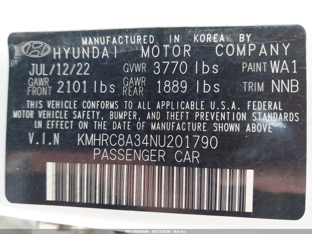 45858049 :رقم المزاد ، KMHRC8A34NU201790 vin ، 2022 Hyundai Venue Limited مزاد بيع