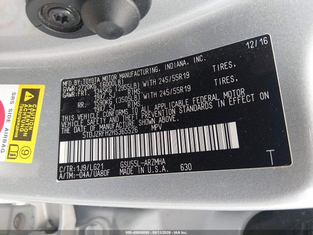 Aukcja sprzedaży 2017 Toyota Highlander Se, vin: 5TDJZRFH2HS365526, numer aukcji: 45858050